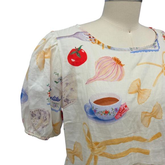 Lisa Says Gah Petra Buon Appetito Tie Back Top Blouse Size M Italian Food Print - Picture 5 of 11